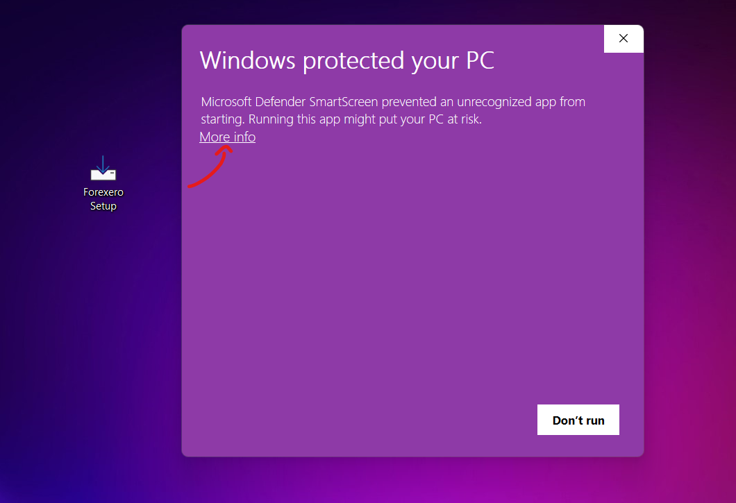 Windows SmartScreen: click More info, then Run anyway